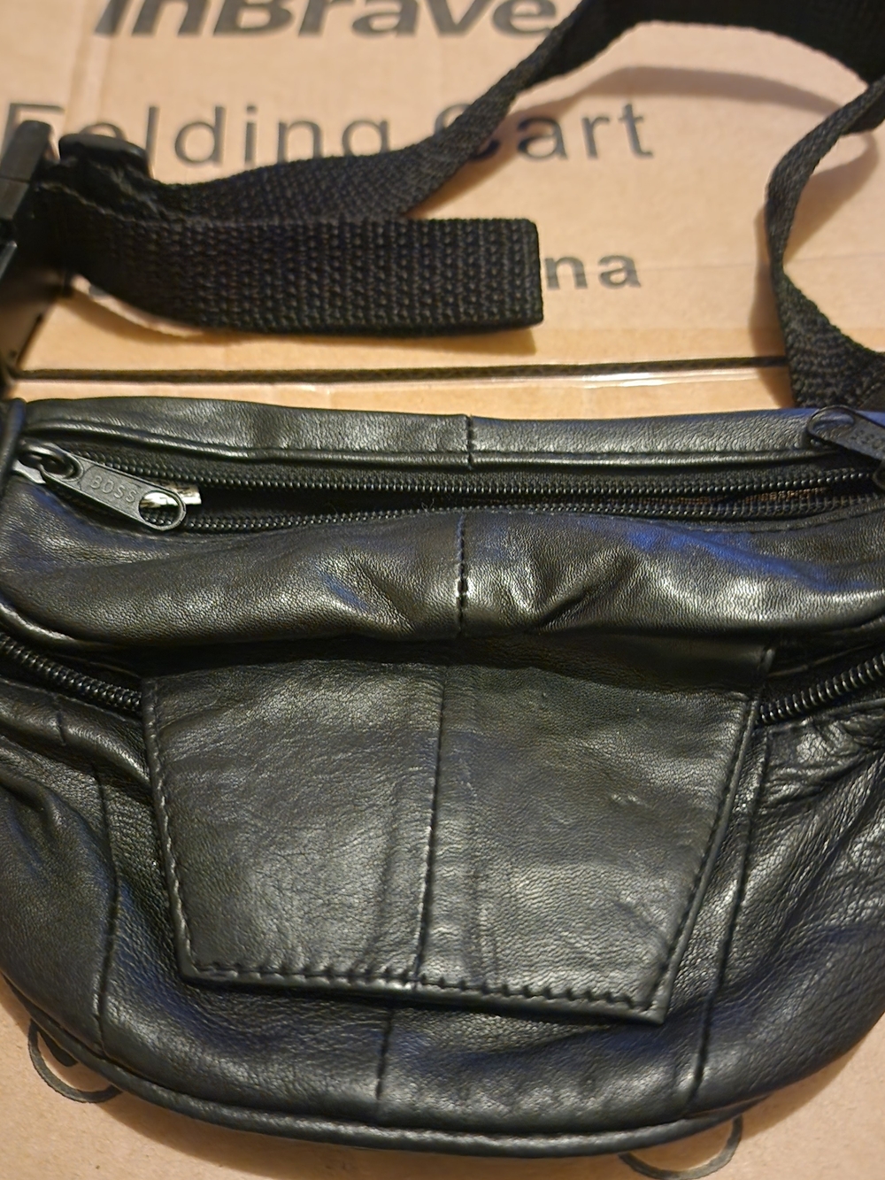 NWOT Vintage 1970s Black GENUINE Leather Waist Bag -  Boss  three zippers